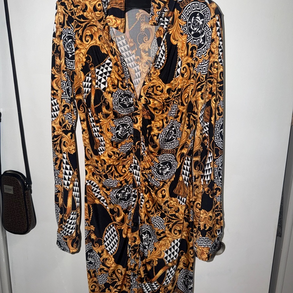 Fashion Nova Black and Gold Long Sleeve Dress